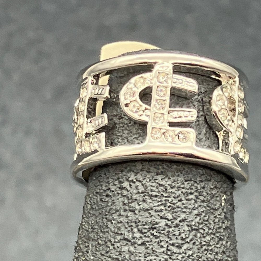 L C Ring Size 4 Silver Rhinestone Chunky Monogram Bling Glam Pinky Mens Ladies